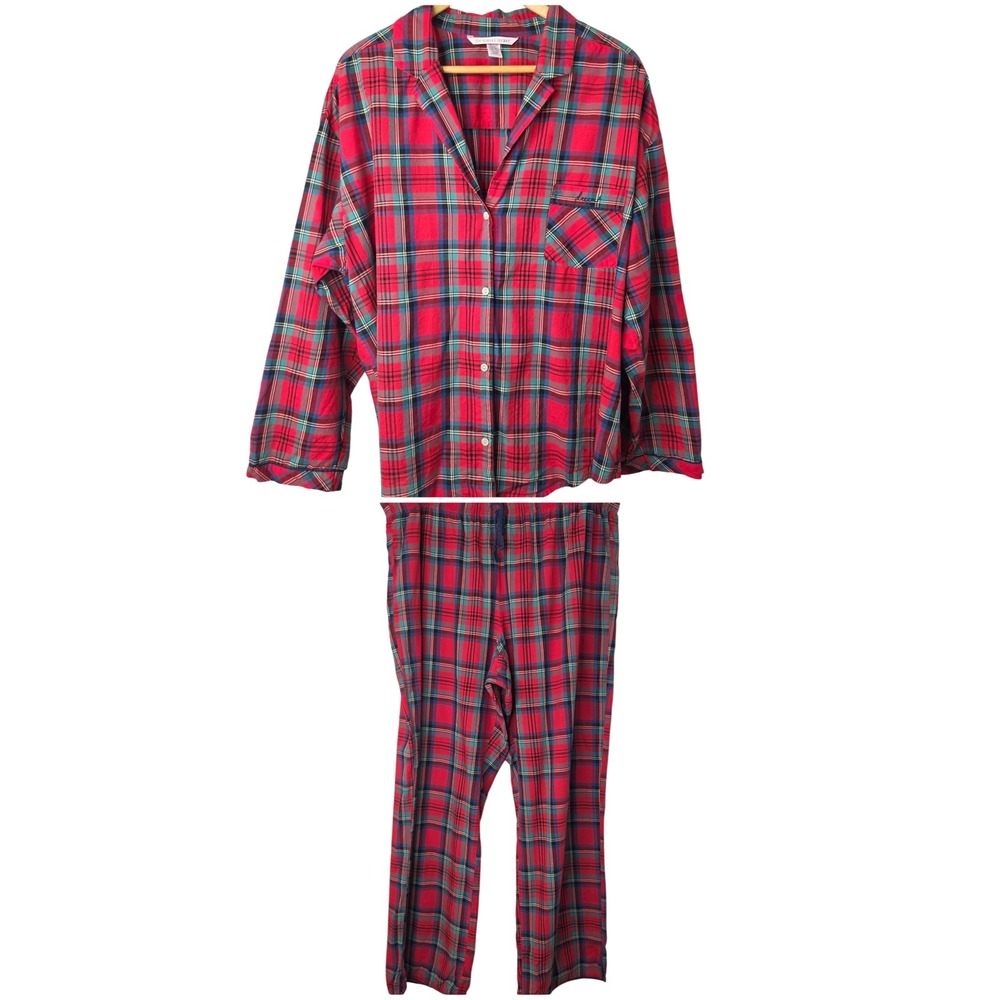 Victoria's Secret Red Plaid Flannel Pajama Set XL Dream Embroidery 2 Piece PJs
